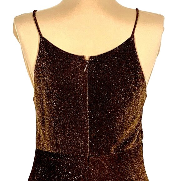 Bronze Shimmer Gown Rhinestone Waist Slip Dress Sleek Hollywood Glam VTG Cache 8 - Picture 5 of 12